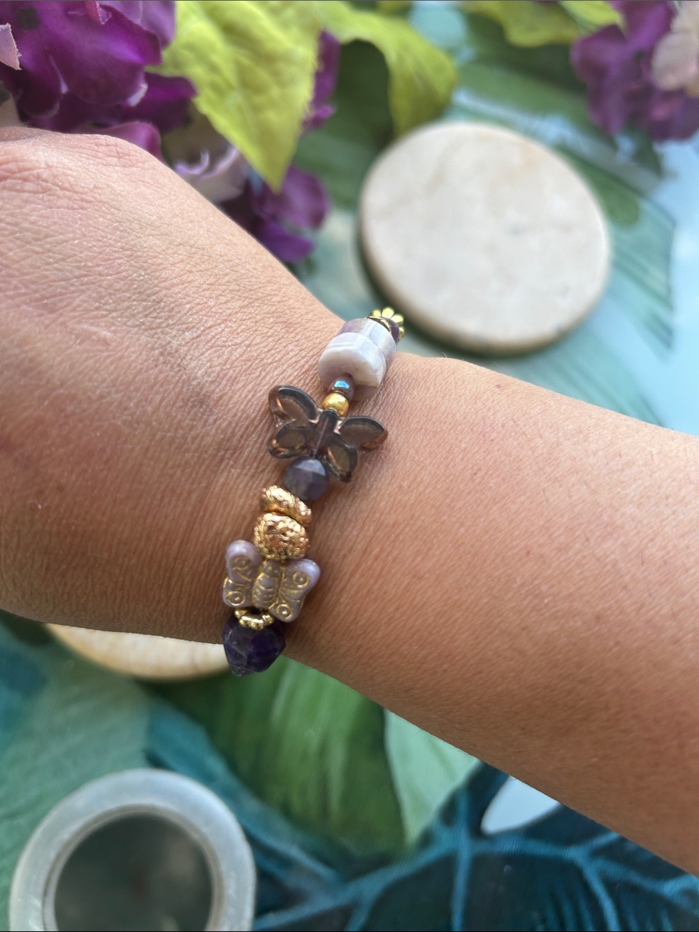 Handmade Purple & Gold Butterfly Beaded Bracelet